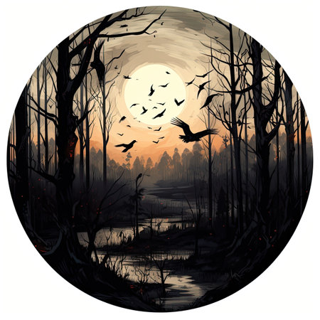 Fantasy landscape with trees, fog and birds.の素材