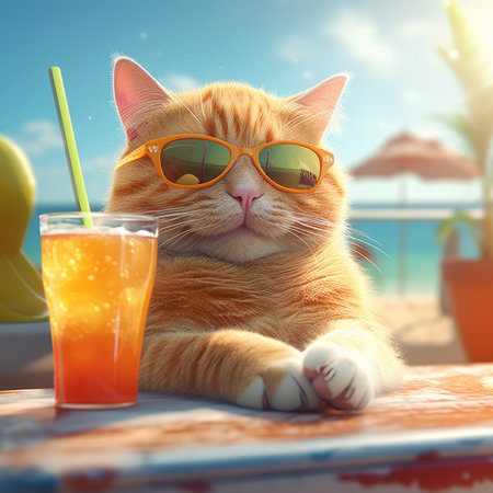 Cute ginger cat in sunglasses and orange juice on the beach.の素材