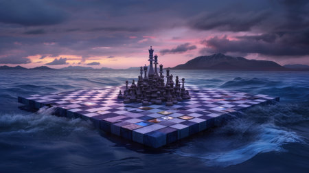 a fantasy island with a chessboard in the oceanの素材