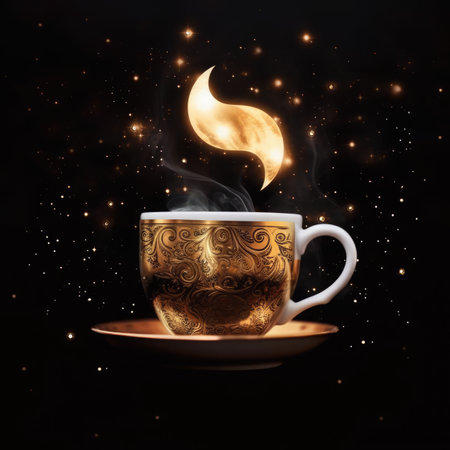 Cup of coffee with golden smoke on black backgroundの素材