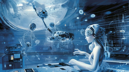 a female robot working in a space station.の素材