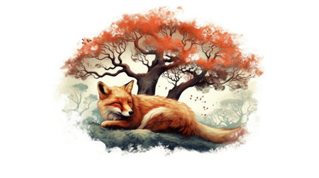 illustration of a red fox lying under an oak tree in autumnの素材