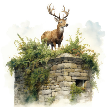 Watercolor deer standing on top of a wallの素材