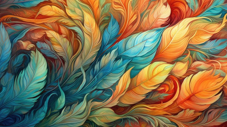 abstract background with feathers in orange, blue and green colors.の素材