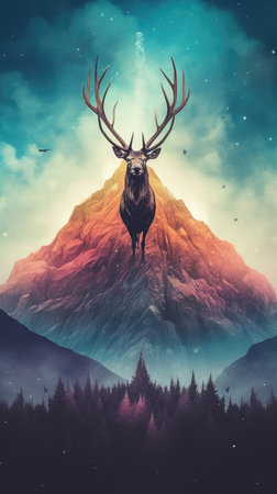 Mountain landscape with deer.の素材