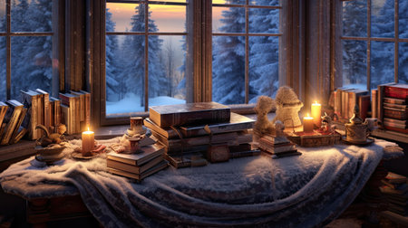 Old books on the windowsill against the background of a winter forestの素材