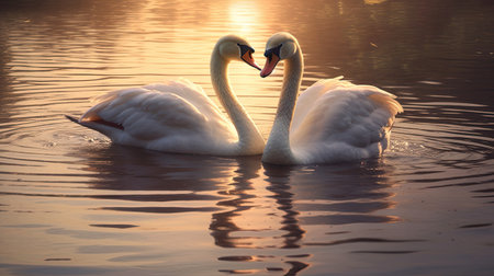 Beautiful couple of white swans swimming on the lake at sunsetの素材