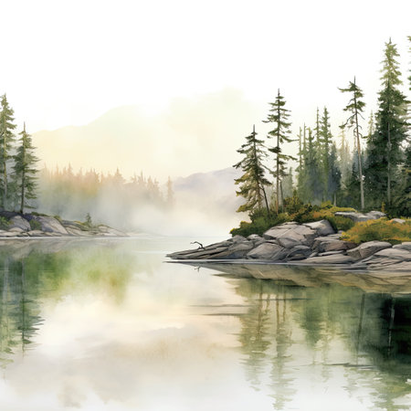 Watercolor Mountain lake in the morning mist.の素材