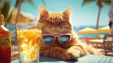 Cute ginger cat in sunglasses with cocktail on table on beach backgroundの素材