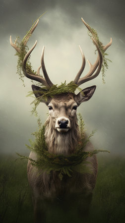 Portrait of a deer with a wreath of fernsの素材