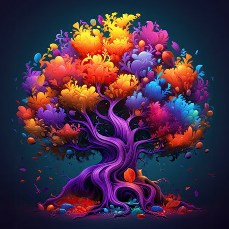 Colorful autumn tree on dark blue background.の素材