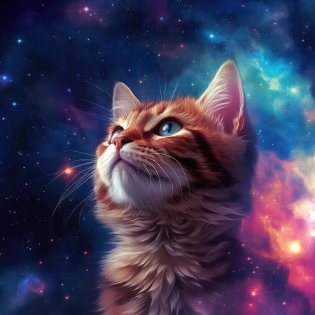 Portrait of a red cat with blue eyes against a cosmic background.の素材