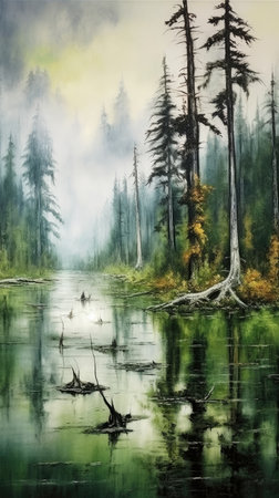 Beautiful landscape with misty lake and trees in the forest.の素材