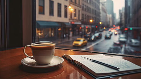 Coffee cup and notebook on the table in the city.の素材