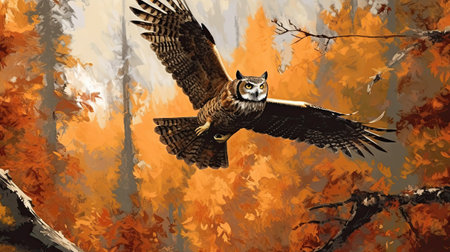 Illustration of an owl flying over a tree in the autumn forestの素材