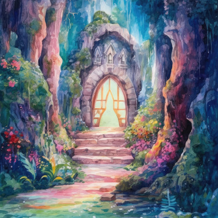 Watercolor entrance to the temple in the forest.の素材