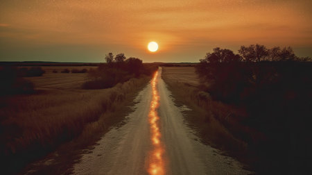 sunset in the field with dirt roadの素材