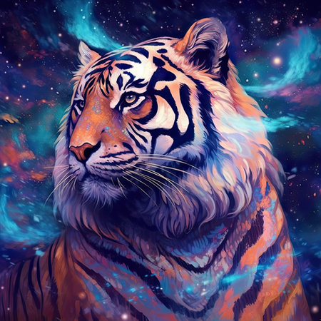Siberian tiger in cosmic space. Colorful background.の素材