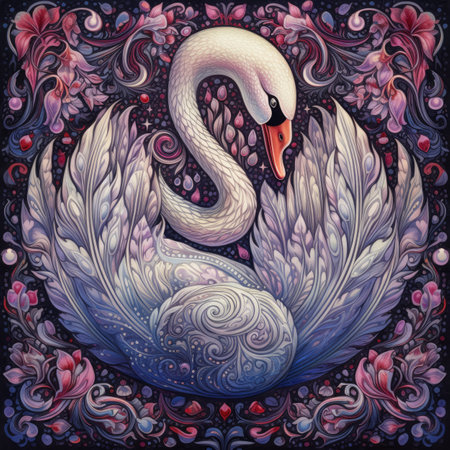 Illustration of a swan on a dark background with patterns.の素材