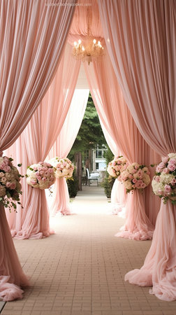 Wedding arch decorated with pink fabric, flowers and archwayの素材