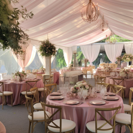 Wedding Banquet Table Decorated with Flowers and Tableclothの素材
