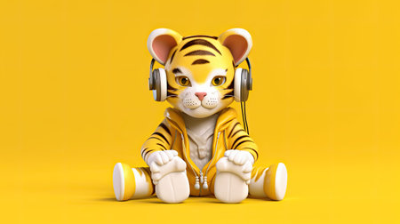 Cartoon Tiger Character with Headphones on a Yellow Backgroundの素材