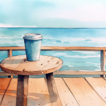 Watercolor cup of coffee on a wooden deck by the sea.の素材