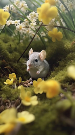 White mouse on green moss with yellow daffodils in the backgroundの素材