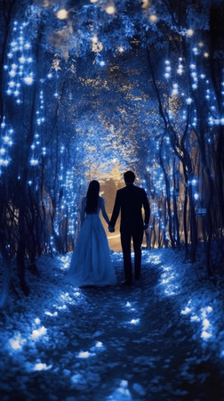 Wedding couple in the forest at night with light bulbs.の素材