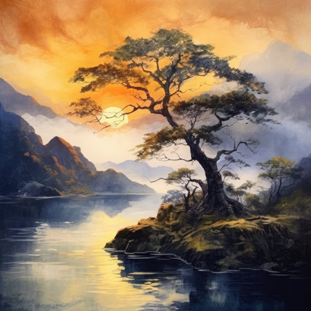 Lonely pine tree on a mountain lake at sunset.の素材