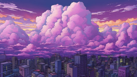 cityscape with clouds and skyscrapers at sunsetの素材