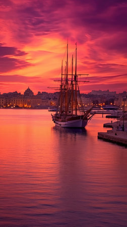 View of the old port at sunsetの素材