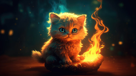 Cute kitten sitting in a pot of fire. Halloween concept.の素材
