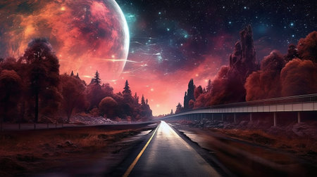 Fantasy landscape with road and full moon.の素材