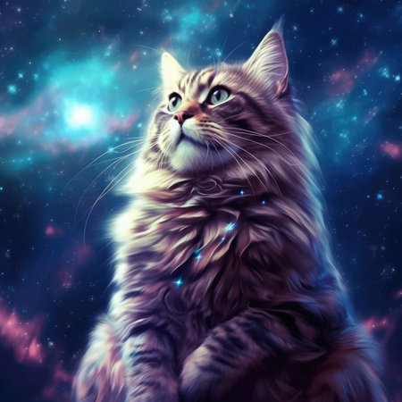 Beautiful Maine Coon cat sitting on a starry background.の素材