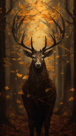 Red deer stag in a dark forest with autumn leaves.の素材