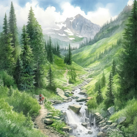 Watercolor mountain stream and a hiker in the mountainsの素材