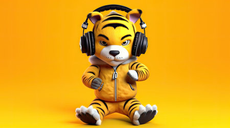 Cartoon Tiger Character with headphones on orange backgroundの素材