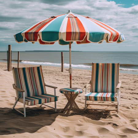 Beach chairs and umbrella on the beach, vintage color tone.の素材