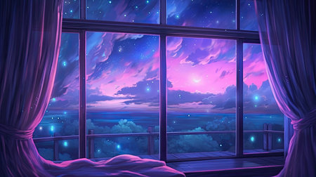 Illustration of a beautiful night view from the window with clouds and skyの素材