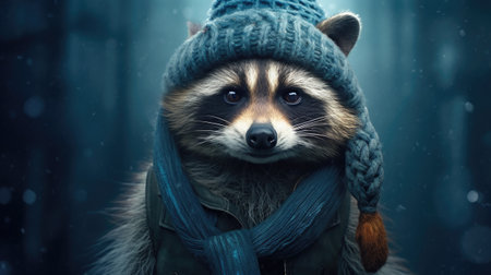 Portrait of a raccoon in a winter hat and scarf.の素材