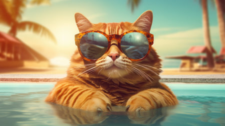 Cat wearing sunglasses in swimming pool on tropical island background.の素材