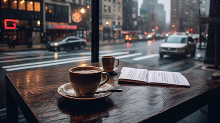 Coffee cup and book on wooden table in city at rainy dayの素材