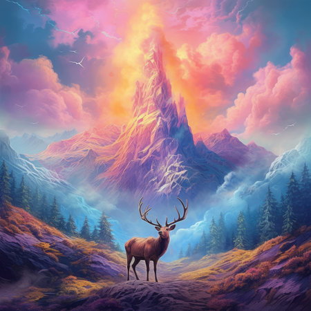 Fantasy landscape with elk in the mountains.の素材