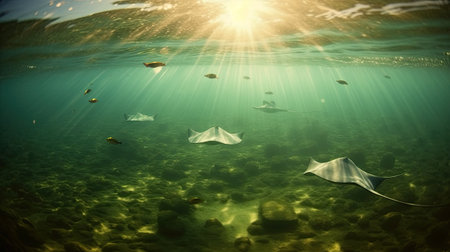 Stingray in the sea with sunrays.の素材
