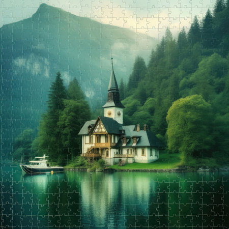 Wooden church on lake Bledの素材
