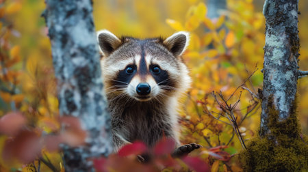 Portrait of a raccoon in the autumn forest. Wildlife scene from nature.の素材