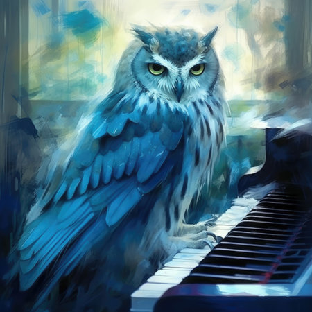 Owl on the keys of the old piano.の素材