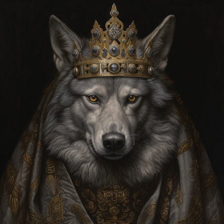 Portrait of a wolf in a crown on a black background.の素材