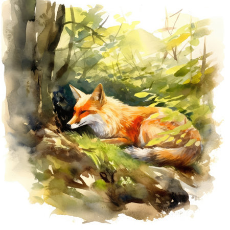 Watercolor fox in the forest.の素材